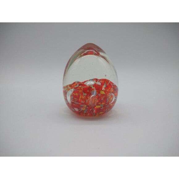 Vintage 3" Norleans Japan Blown Glass Egg Paperweight Orange Millefiori Bubbles - Picture 4 of 17